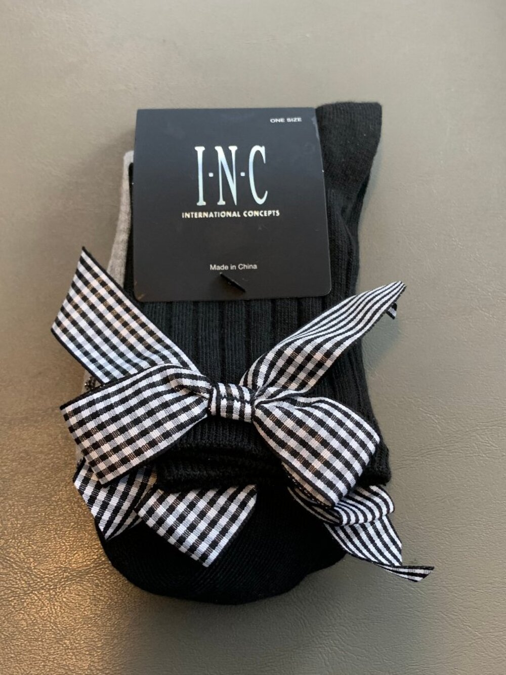INC Women's 2-Pair Plaid Bow and Dot-Print Anklet Socks, Black Gray, One Size